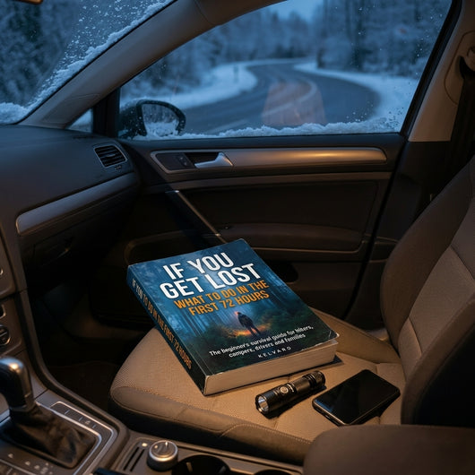 If You Get Lost survival book on a car seat in winter with a flashlight and phone